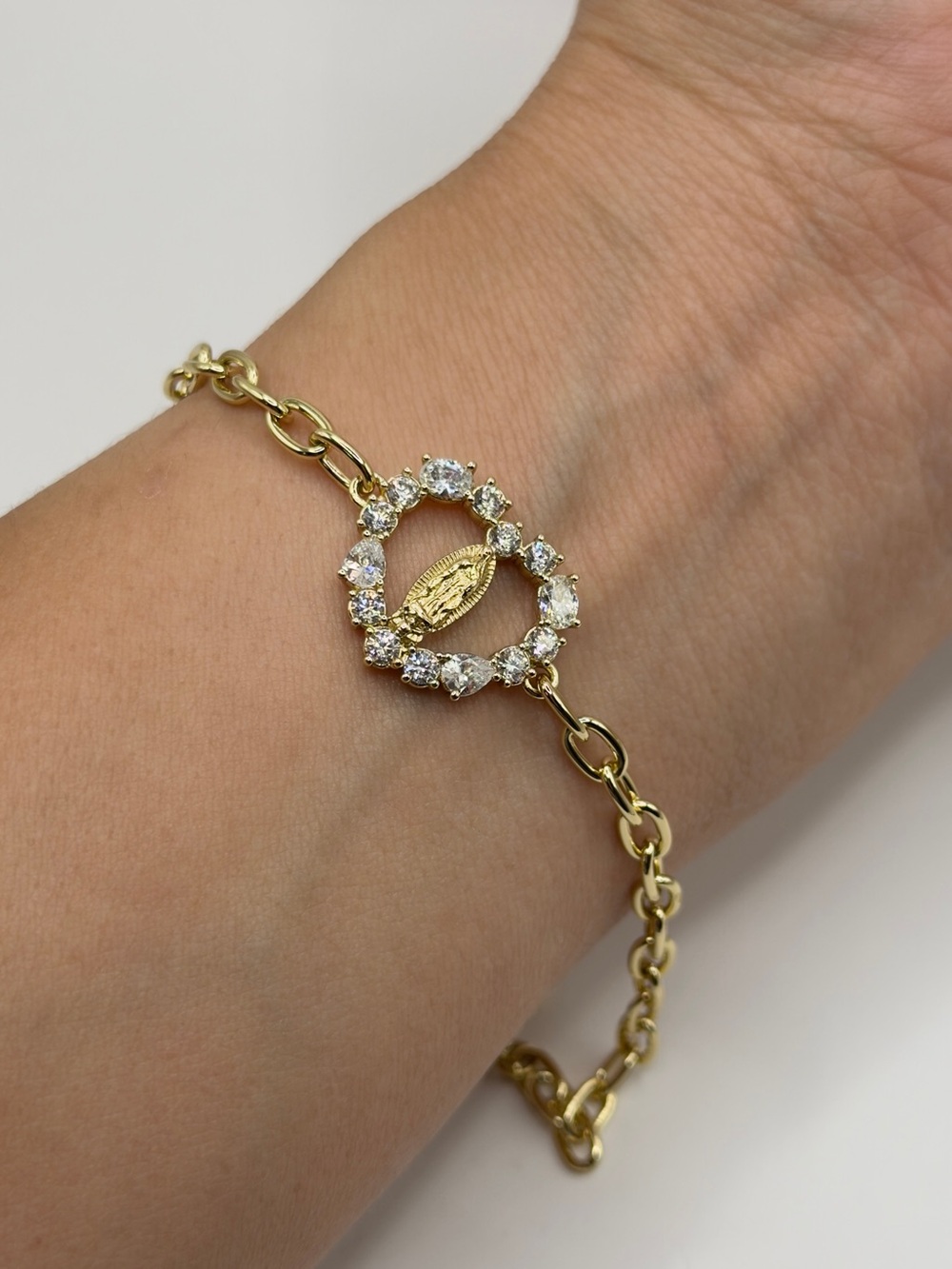 Gold Crystal Halo Virgin Mary Charm Bracelet
